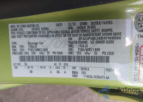 2011 Ford Fiesta Se z USA, uszkodzony, nr VIN 3FADP4BJ4BM169566